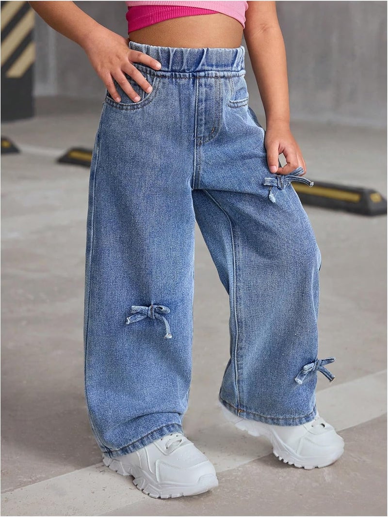 WDIRARA Girls' Bow Decor High Waisted Jeans Straight Leg Elastic Casual Denim Long Pants - Image 3
